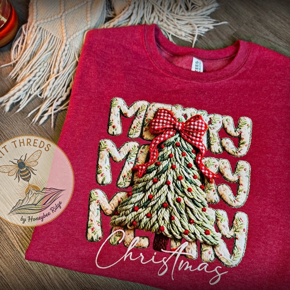 Festive Red Christmas Tree Crewneck Sweatshirt *Faux yarn DTF print*